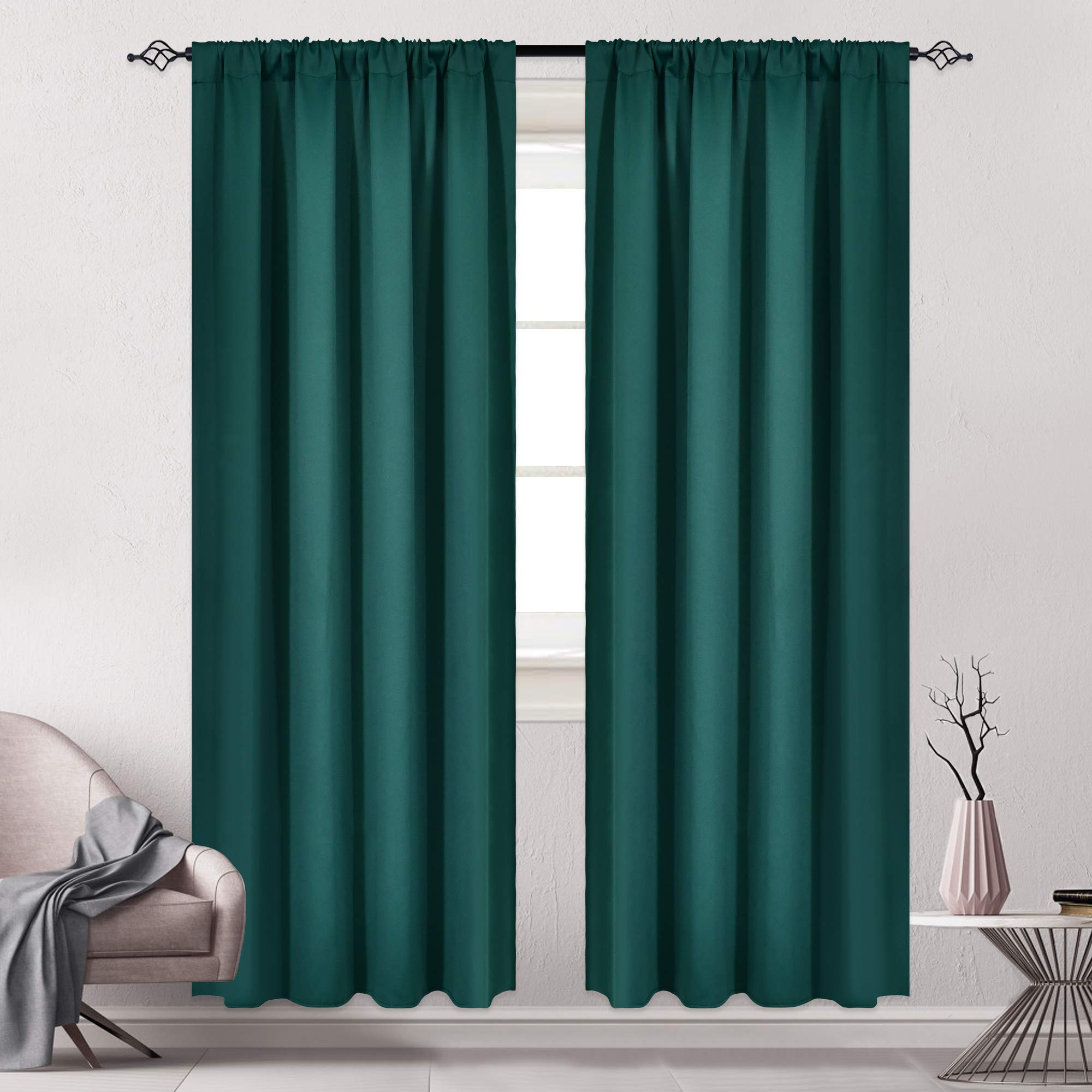 HUTO Hunter Green Bedroom Curtains 52 inches Width by 84 inches Length Blackout Thermal Insulated Drapes Room Darkening Home Decoration Window Panels for Living Room Set of 2 Rod Pocket Top