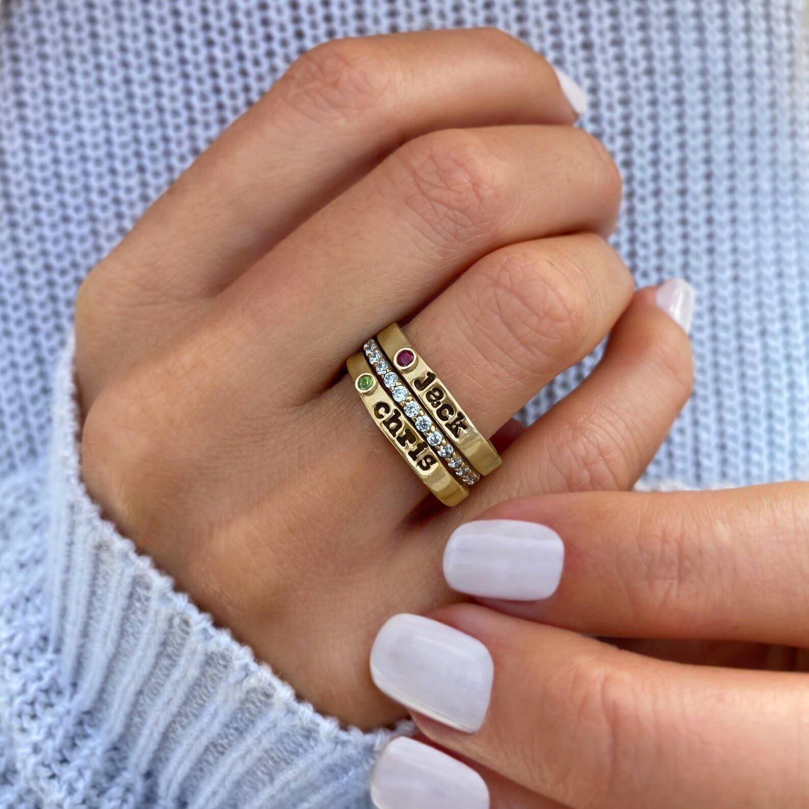 Juego de 3 anillos apilables personalizados con nombres y piedras de nacimiento, regalo familiar para mujer