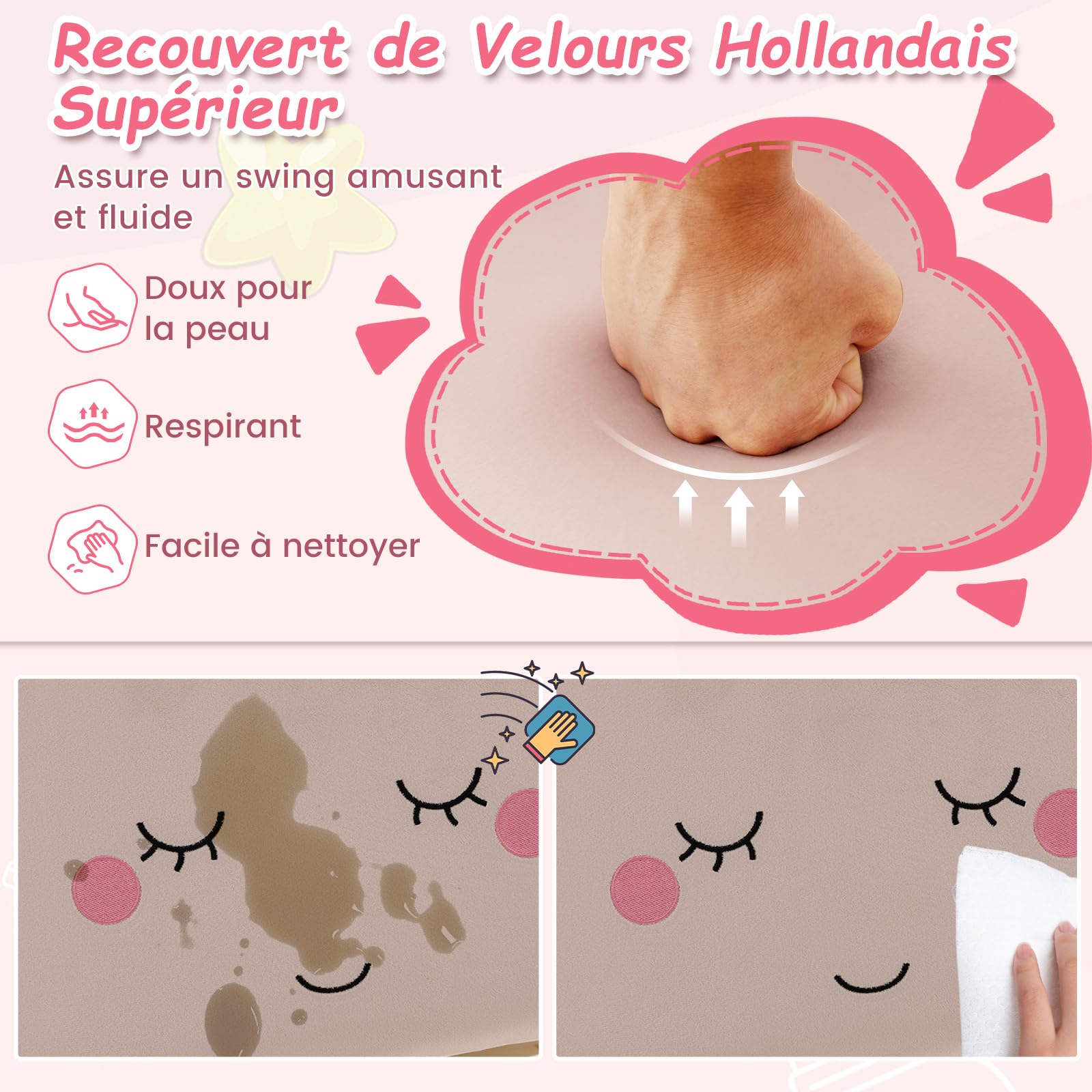 COSTWAY Fauteuil à Bascule Enfant en Peluche avec Dossier & Accoudoirs Confortable, Chaise à Bascule en Bois avec Forme Nuage, Charge 50kg pour Garçon Fille de 3-5 Ans