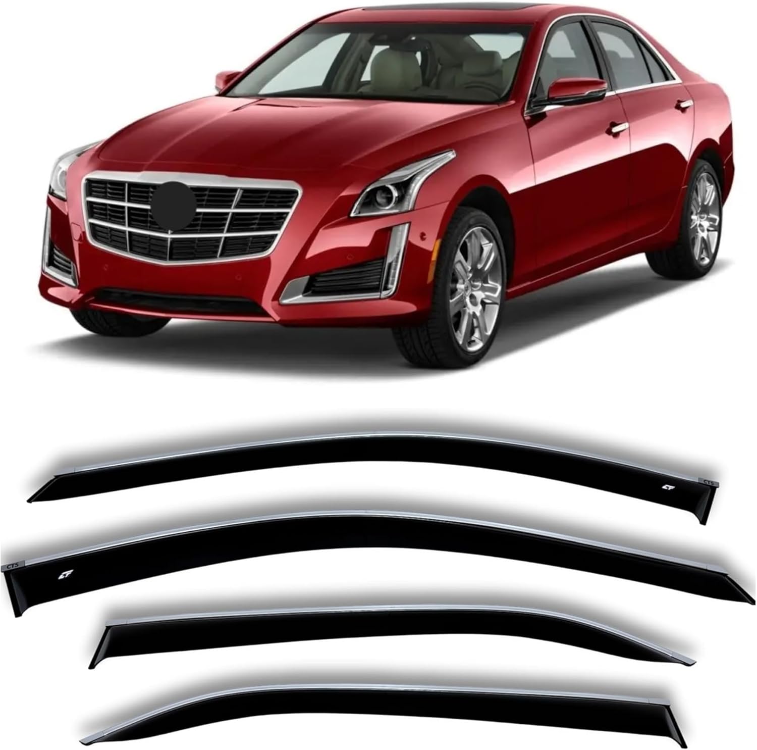 CT Rain Guards for Car Windows - Tape-On Acrylic Window Visors Rain Guards with Chrome Trim, Dark Smoke, 4 Pcs Set, Compatible with CTS III Sd 2014-2019, Improves Ventilation