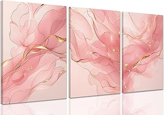 Fetyiu 3 Piece Pink Canvas Wall Art Pink And Gold Abstract Art Prints Mo...