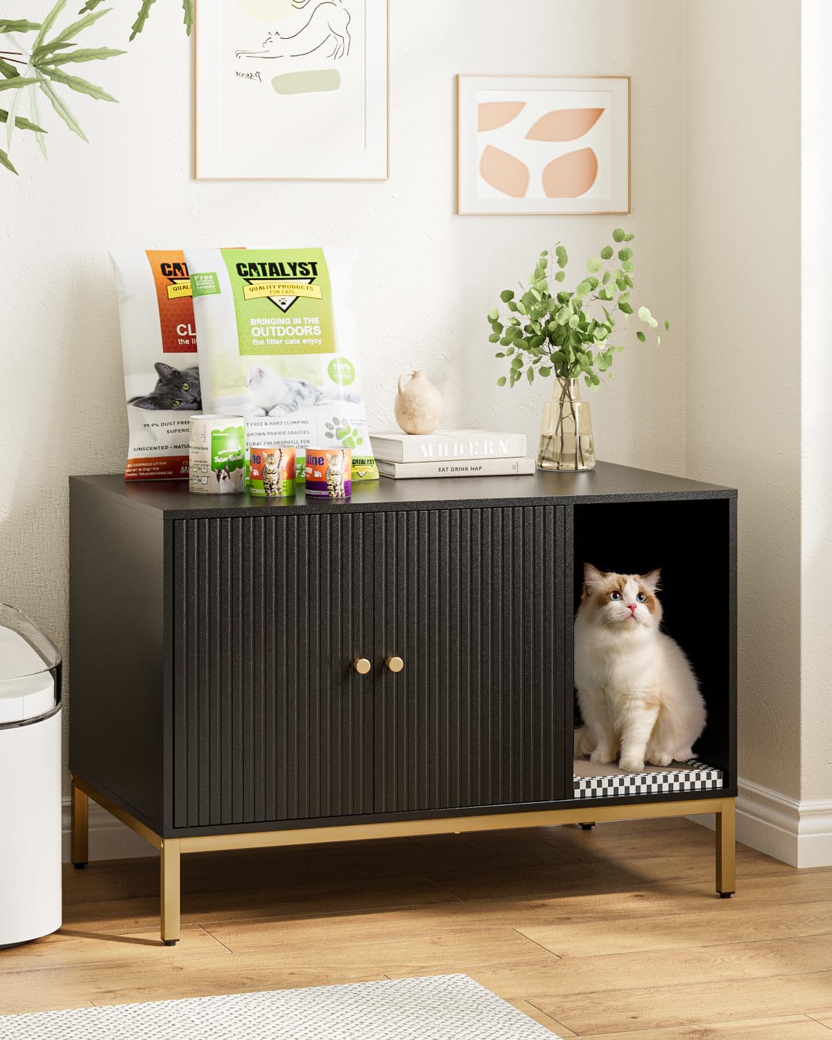 Cat Litter Box Enclosure, Modern Hidden Litter Box Furniture with Scratching Pad, Wooden Cat House Cabinet with Gold Metal Legs, Fit Most of Litter Box,Black and Gold