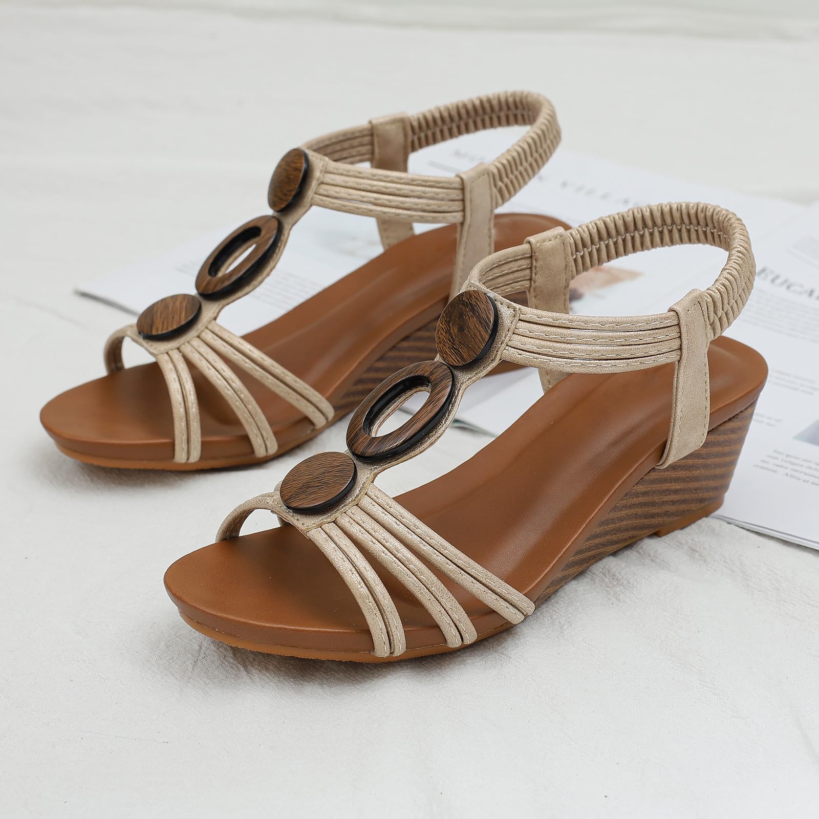 Sandali Zeppa Donna Estivi Punta Aperta T Strap Cinturino Posteriore Elastico Tomaia Perline Tacco 5cm Leggeri Antiscivolo Casual