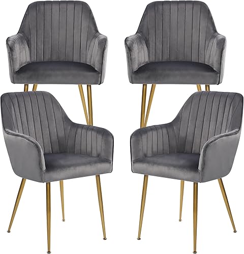 Miniatura 34 de thksbought Juego de 2 sillas de terciopelo y sillas decorativas tapizadas con patas chapadas en oro para sillas de sala de estar (gris) Conjunto