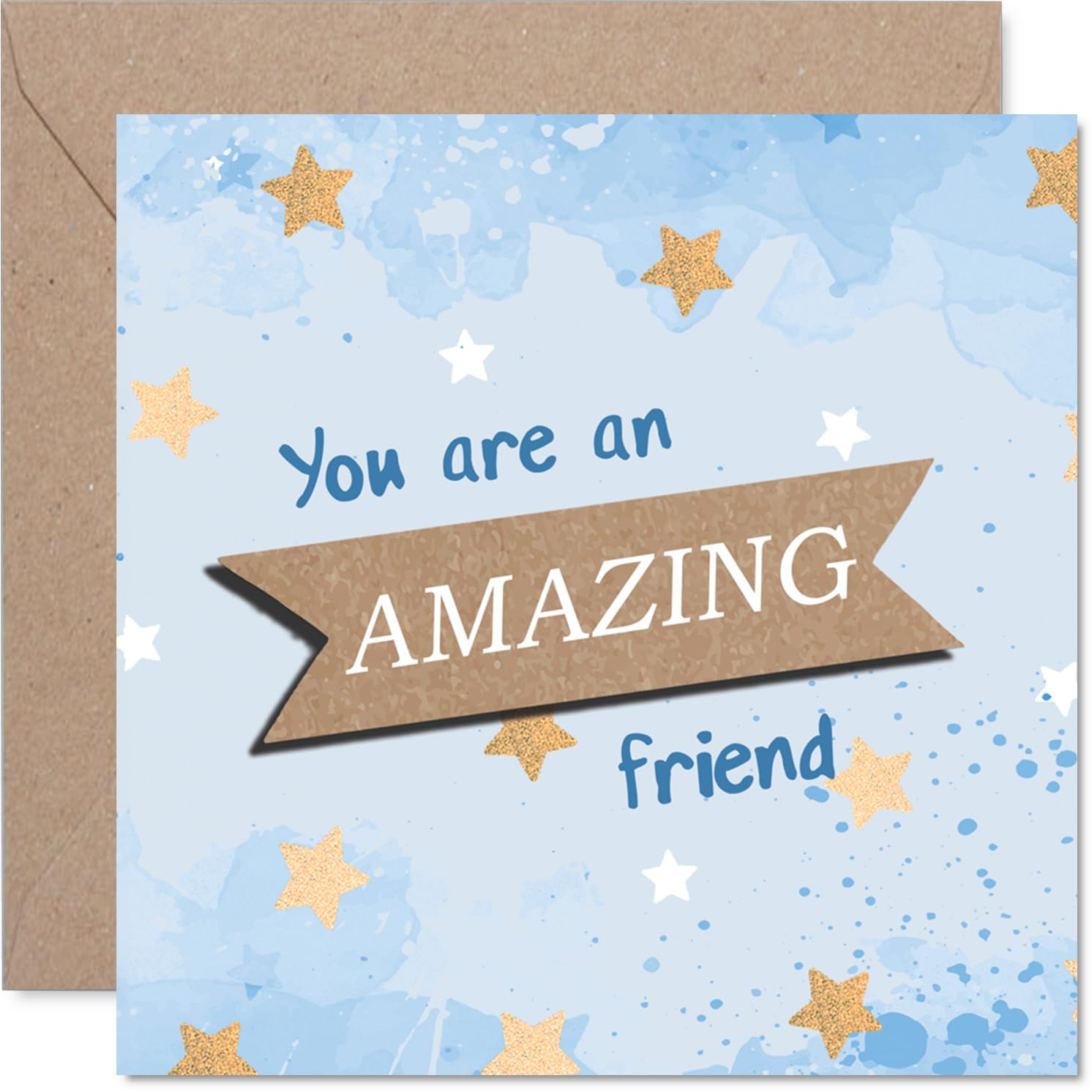 Heartfelt Thank You Card - Warm Wishes for a Brilliant Mate - Blue and Gold Stars with Uplifting Banner - Sure to Brighten Their Day - 145mm Square, Envelope Included