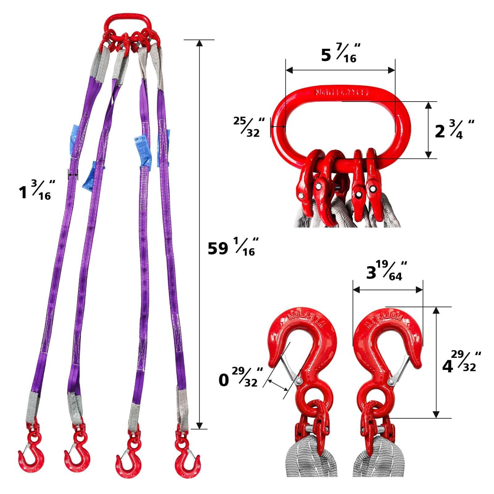 Élingue De Levage À Quatre Brins avec Crochets en Acier Allié, Sangles De Levage Violettes for Un Remorquage Et Une Manutention en Toute Sécurité des Marchandises(4legLoad2t3M)