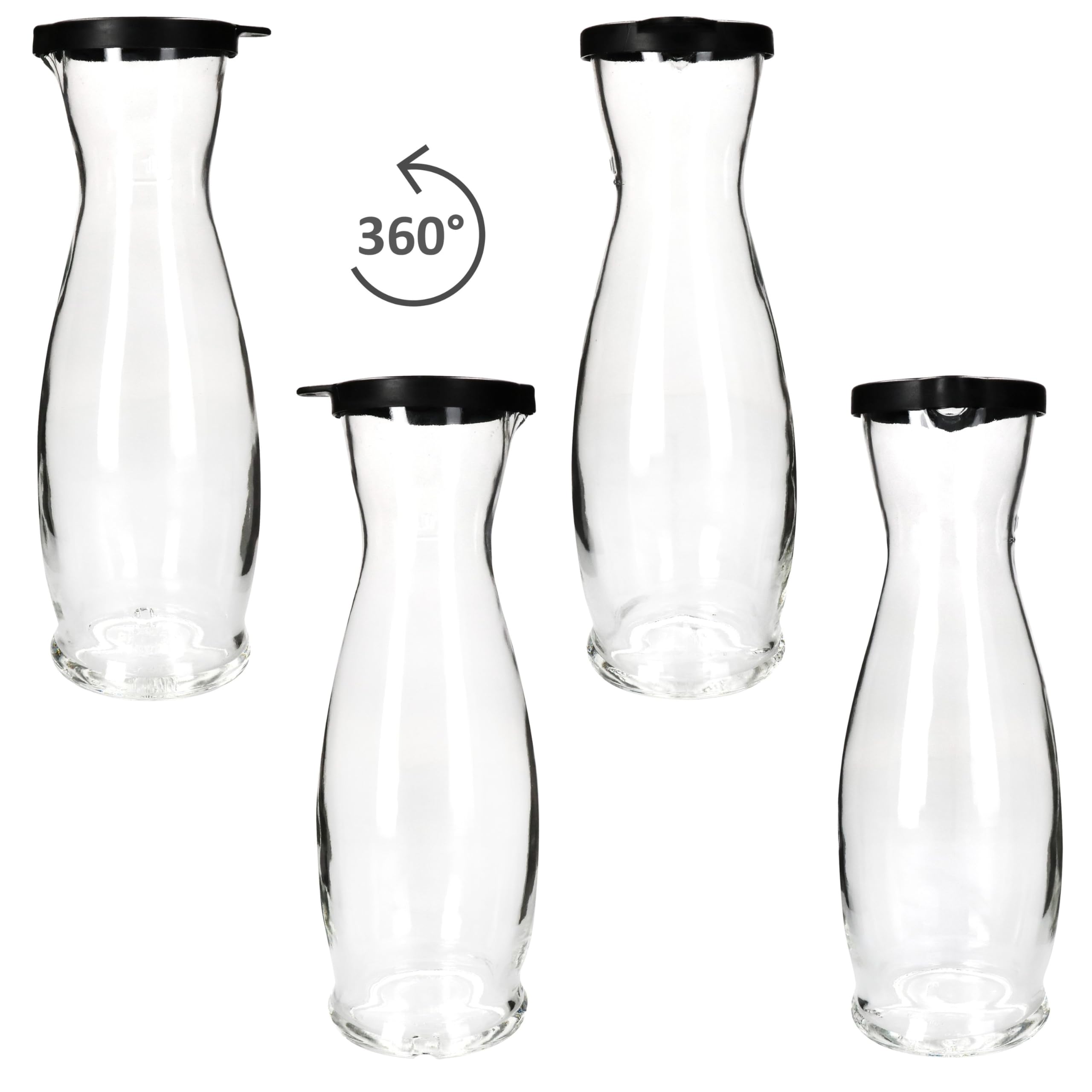 MamboCat 12er Set MIA MISURA Wein-Karaffe mit schwarzem Kunststoff-Deckel I 1 Liter, geeicht I Glas-Krug mit Ausgießtülle für Wein, Wasser, Saft, Milch & Co.