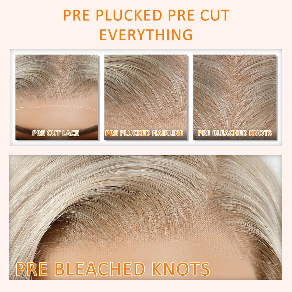 13x4 Glueless Full Frontal Highlight Ash Blonde Wig Human Hair Pre Plucked Pre Cut Balayage Ombre Brown Blonde Body Wave Long Wigs UHD Lace Front Wig Remy Real Human Hair for Women 18Inch 180% Density