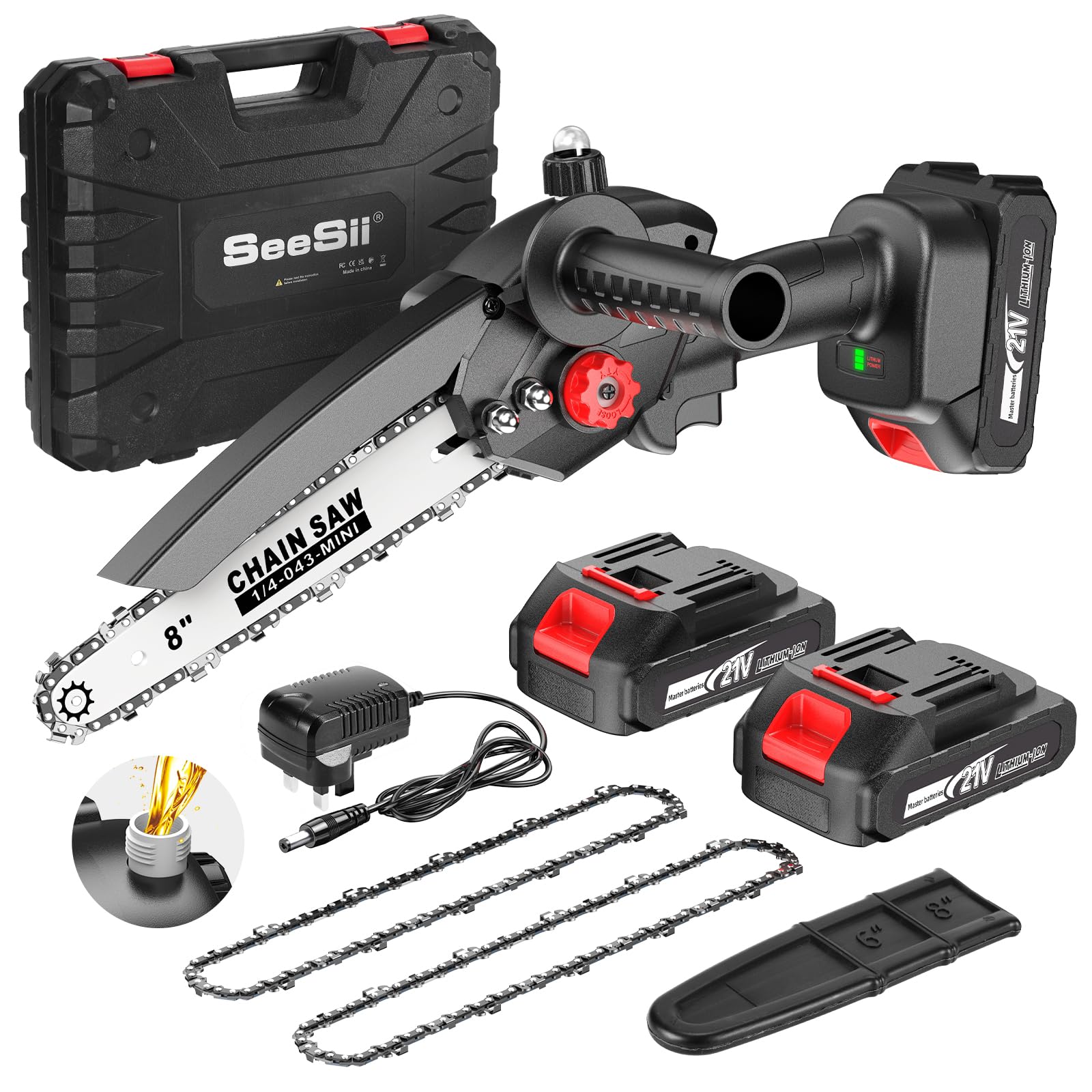 Seesii 8 Inch Mini Chainsaw, Upgraded Brushless Motor with Oiler, 2X 2000mAh Batteries – Handheld Battery Powered Chainsaw for Tree Branch Wood Cutting, Christmas Idea Gift Ideas for Women Men Dad