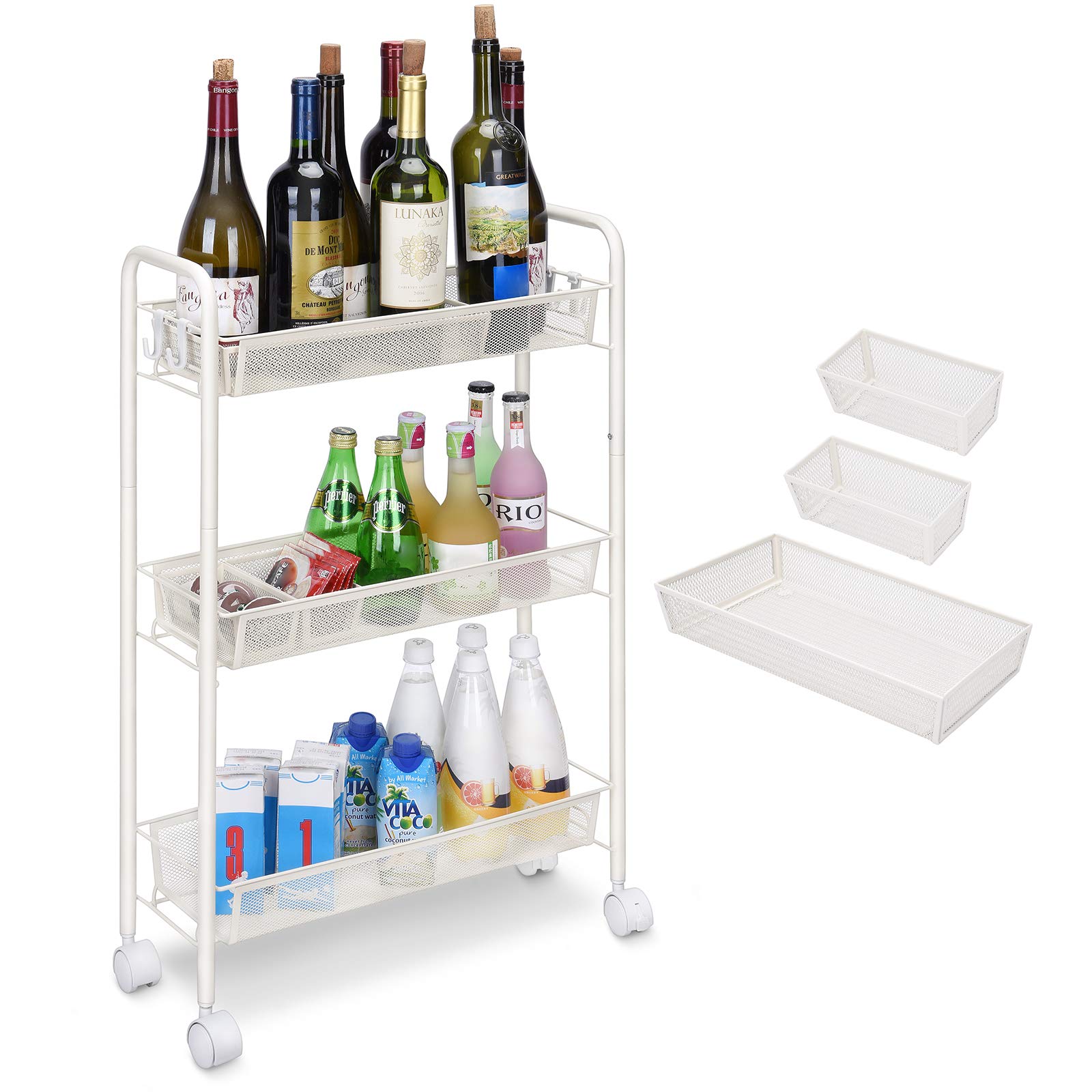 Photo 1 of 3 Tier Metal Utility Cart, Slim Rolling Trolley with 4 Hooks and 3 Mesh Trays(Off-White)