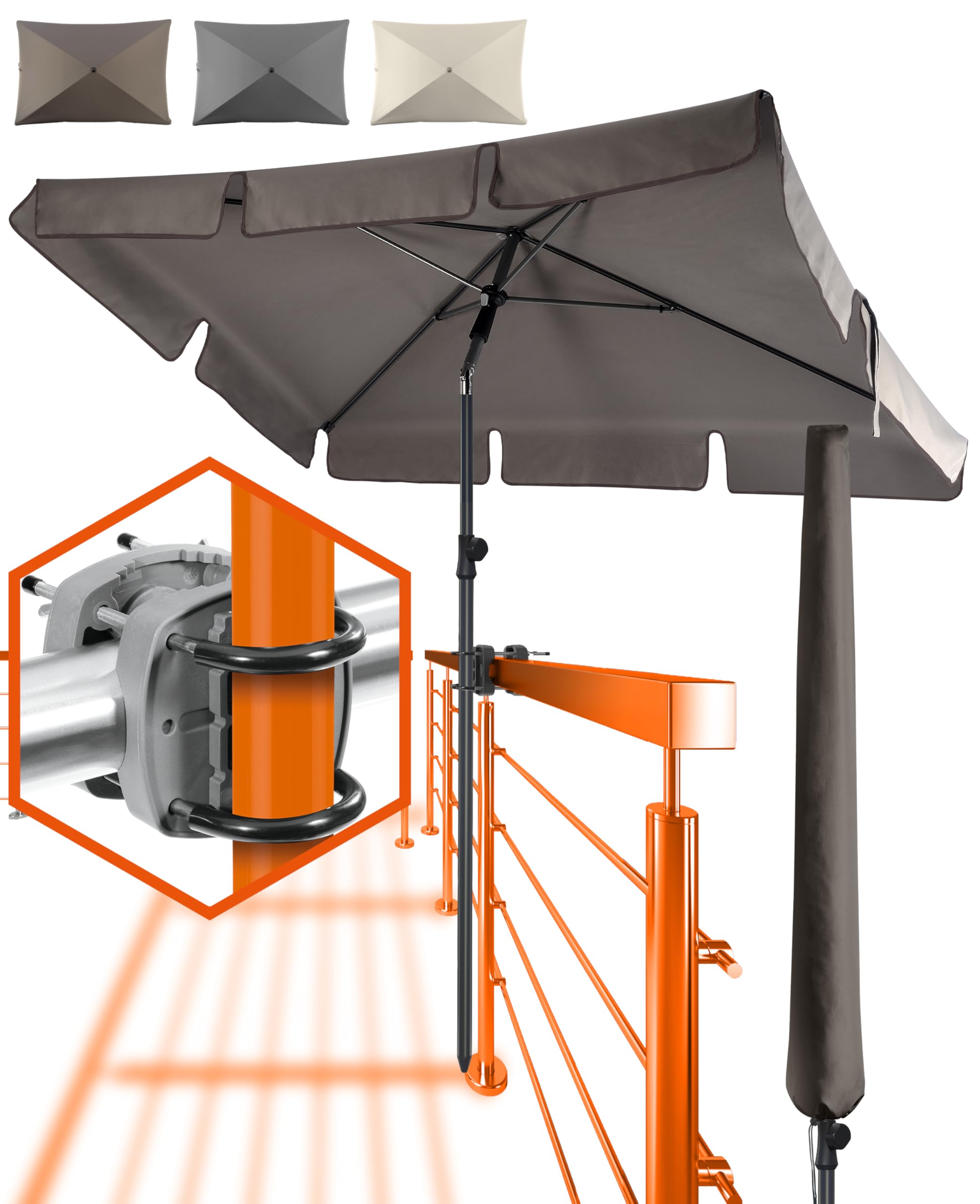 Menz Sonnenschirm Balkon - 3-IN-1 Sonnenschutz Balkon SET UPF 50+ Sonnenschirm rechteckig 200 x 125cm + Sonnenschirmhalter Balkongeländer + Sonnenschirmhülle
