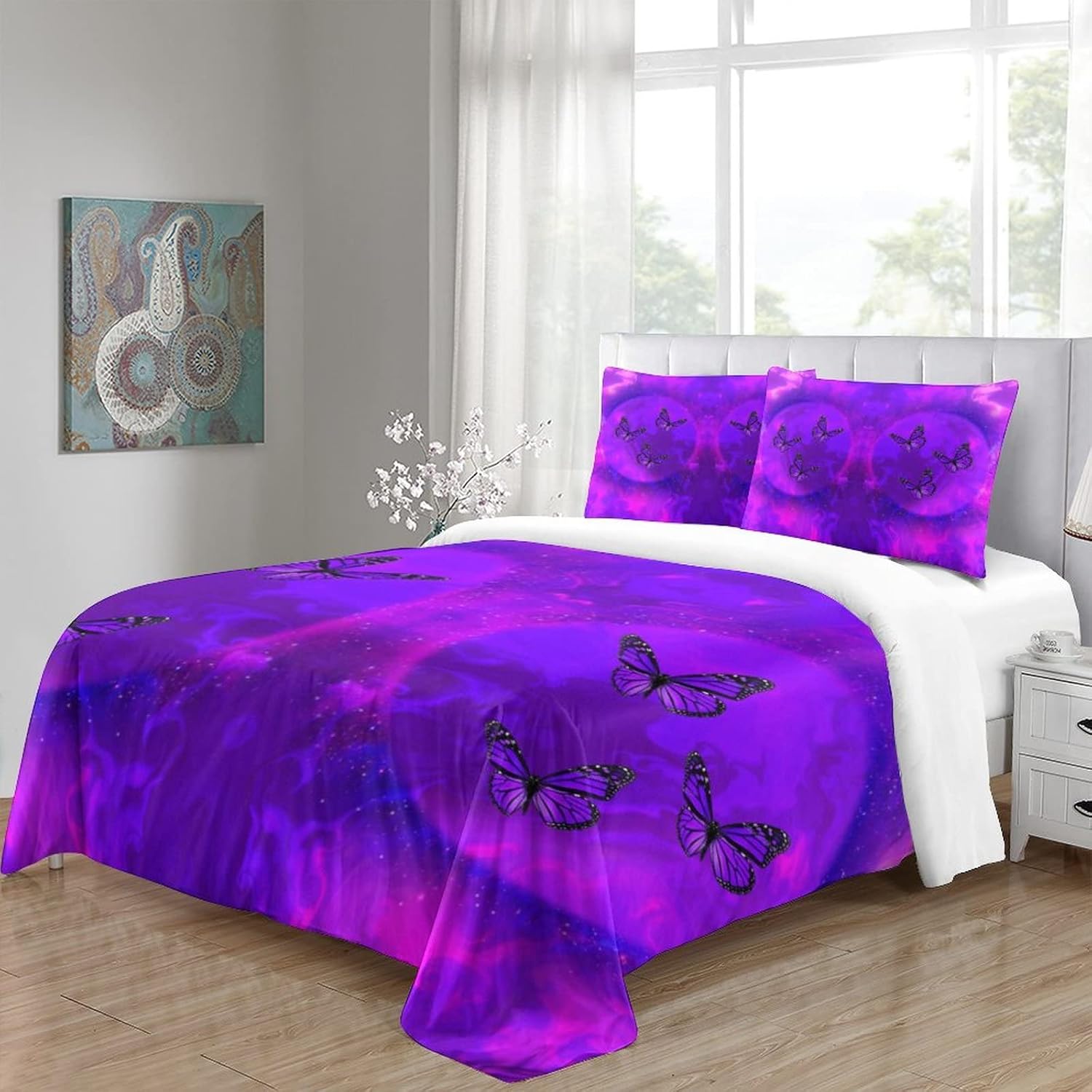 Butterfly Quilt Set Girl 3D Purple Floral Butterfly Bedding with Cover Girl Quilt Set Neon Butterfly Purple Bed Quilt Cover, 1 Cover + 2 Pillowcases Full（203x228cm）