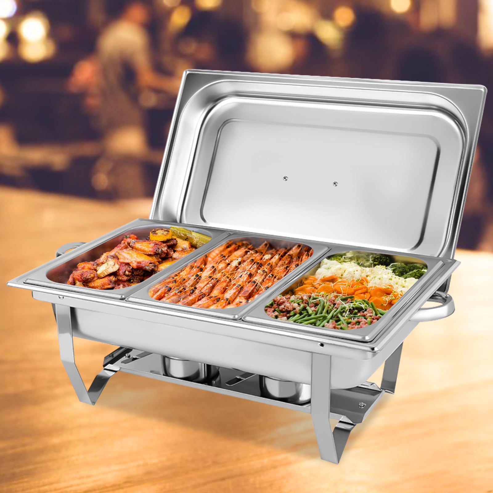 Set scaldavivande da 9 l, in acciaio inox, rettangolare, con telaio pieghevole e supporti per carburante, per feste, buffet, catering, banchetti, eventi