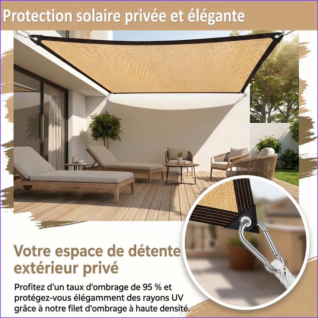 Filet Ombrage 3x4m Beige - Toile Haute Densité, Taux Ombrage 95% - Voile Rectangulaire avec Mousquetons & Corde 20m pour Serre, Jardin, Terrasse, Plantes