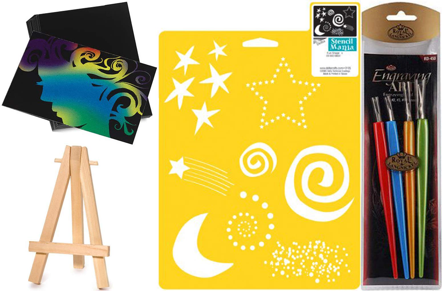 Show & Scratch Cards Rainbow Colored Mini Boards Bundle / 4 Scratch-Art Tools/Wooden Easel Display Piece/Stars & Moon Shapes Stencil & 1 Pack of 52 Trading Art Cards