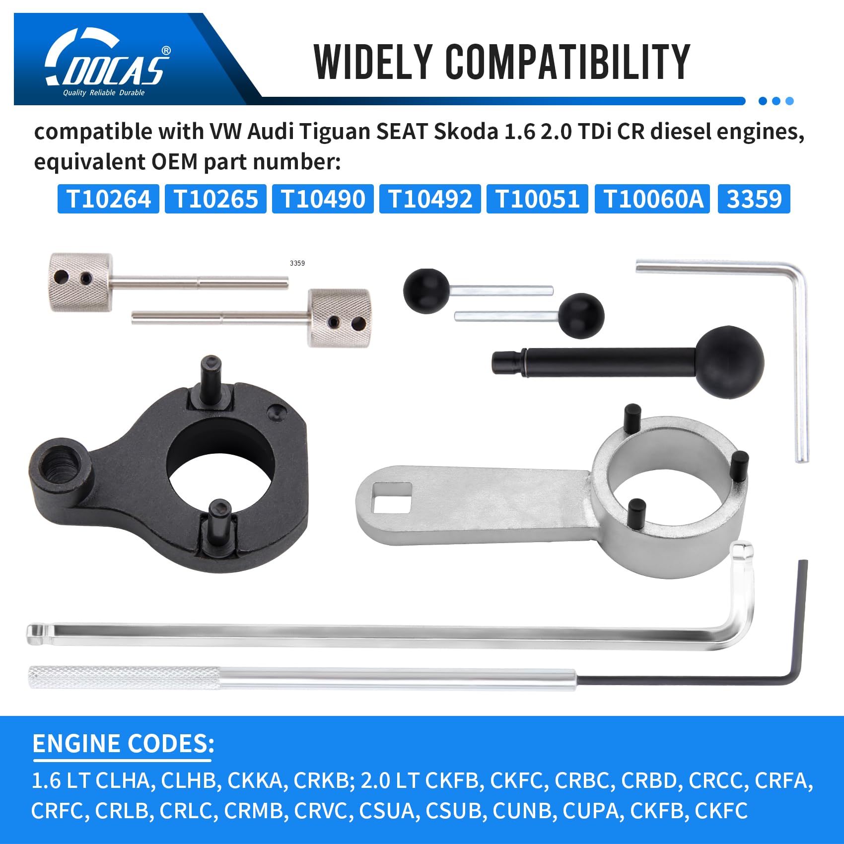 DOCAS Zestaw narzędzi do regulacji silnika, zestaw narzędzi do regulacji wałka rozrządu, kompatybilny z VW, Audi, Seat, Skoda 1.4, 1.6, 2.0, TDI CR T10264, T10265, T10060A, T10051, T10490