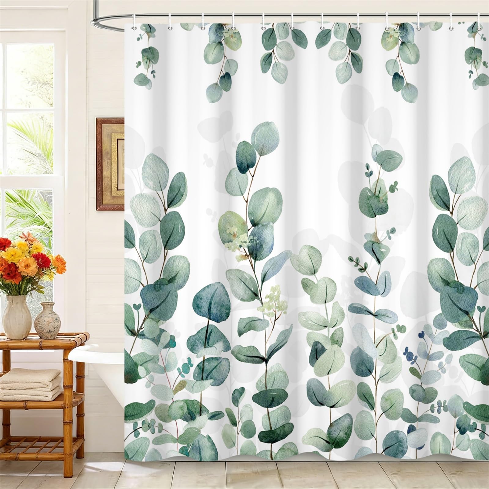 Kzzfqxb 105x160cm Leaves Shower Curtains with Hooks, White Background Hanging Tree Greenleaves Plants Branches Occluded Waterproof for Bath, Polyester Fabric Bathroom Bathtub Natural Fresh Decor — image 1