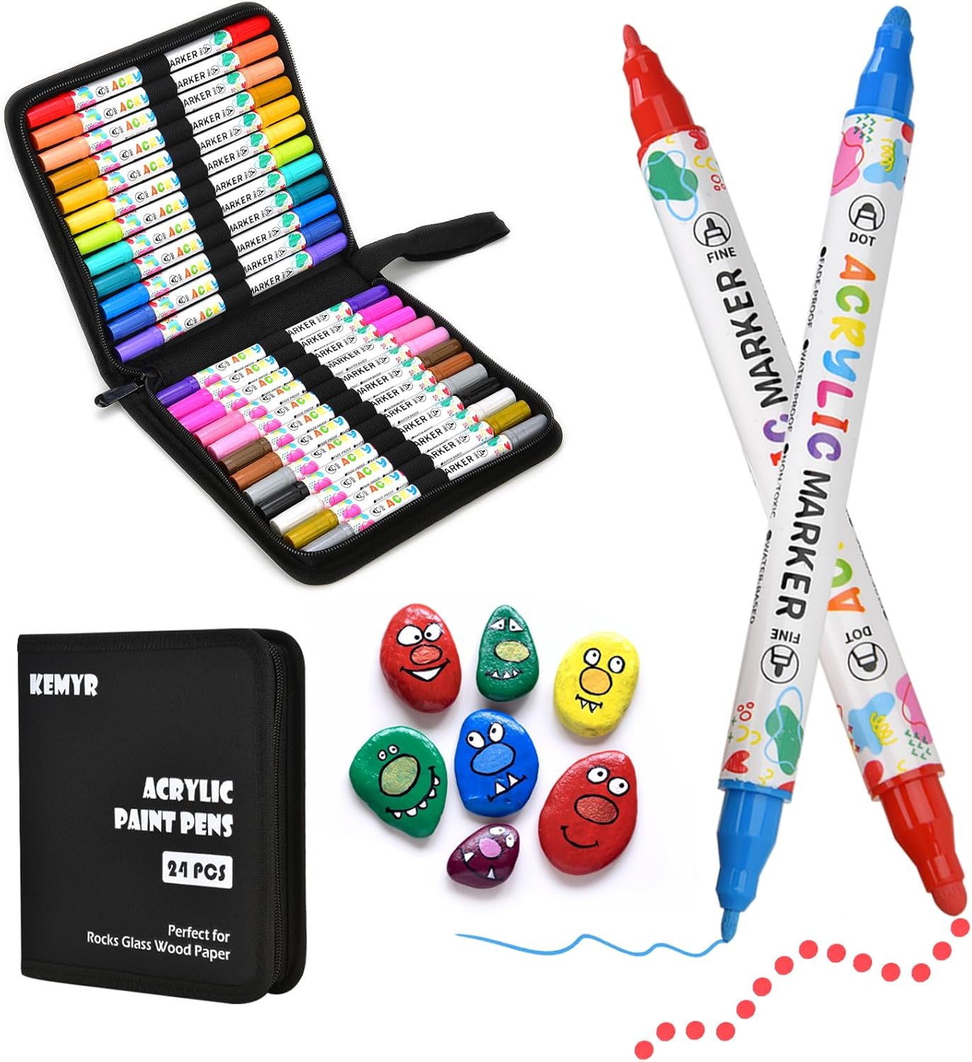 24 Colors Acrylic Paint Pens, Dual Tip Acrylic Paint Markers for Paper, Wood, Canvas, Stone, Rock Painting, Glass, Fabric, DIY, Ceramic, Art Supplies for Adults Drawing (Dot + Fine)
