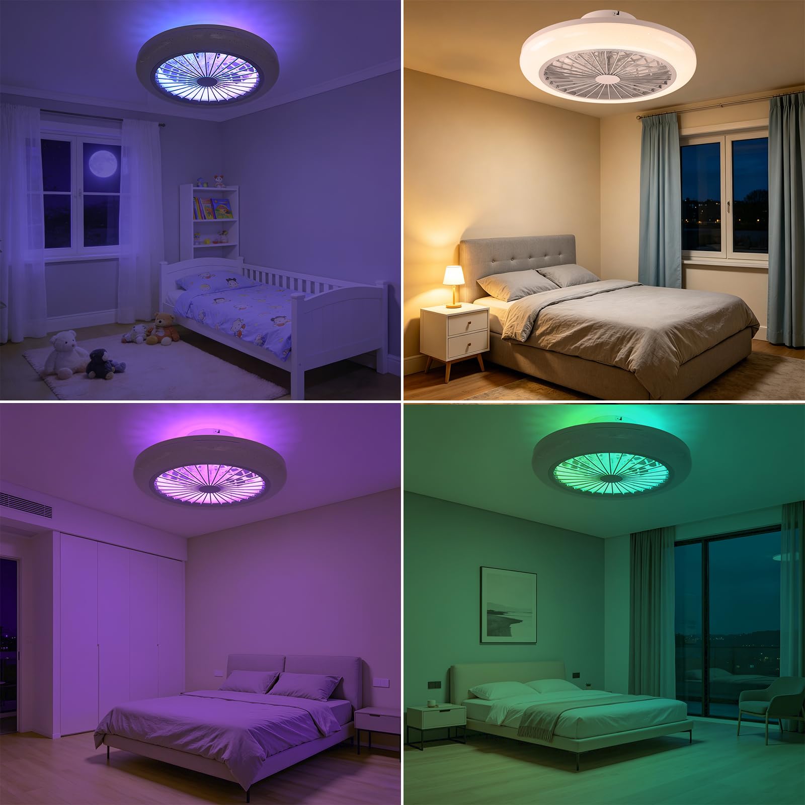Deckenventilator mit Beleuchtung RGB 45cm Schlafzimmer, mit Lautsprecher | Fernbedienung und APP, Dimmbar, 6 Windstufen Reversibel, Leise, Timer