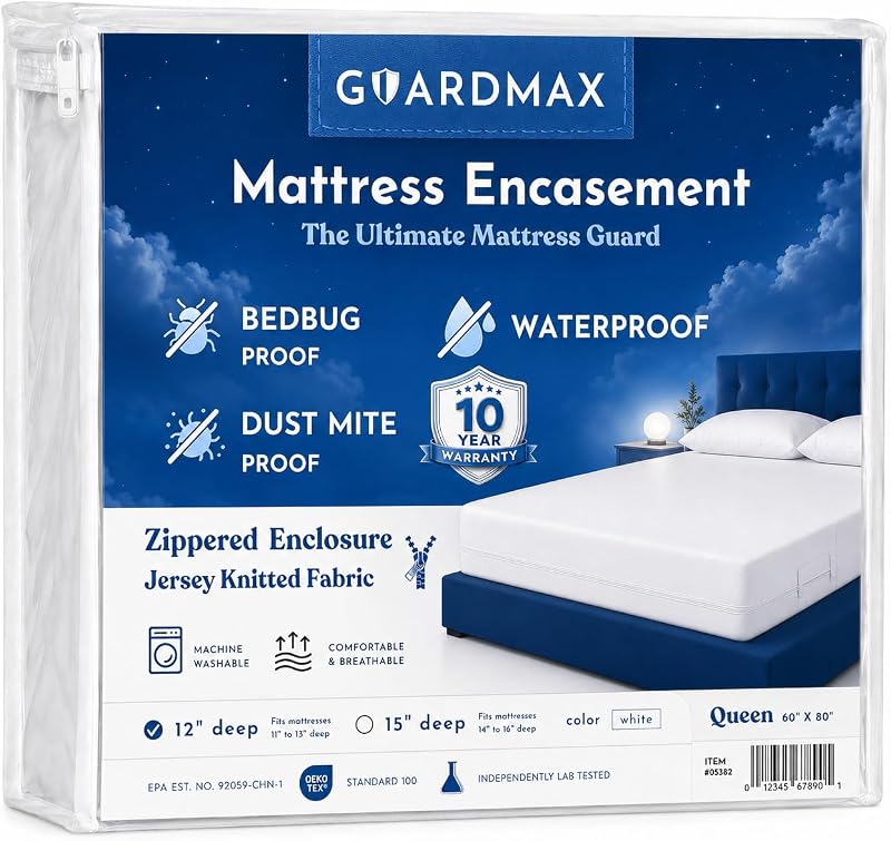 Queen Mattress Protector Cover Zippered | 100% Waterproof Bed Bug Encasement | Soft, Hypoallergenic and Breathable | Queen Size (60"x80")