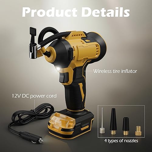 Miniatura 7 de Inflador de neumáticos inalámbrico compatible con batería Dewalt de 20 V MAX, bomba de aire de mano de 150 PSI, compresor de aire portátil con