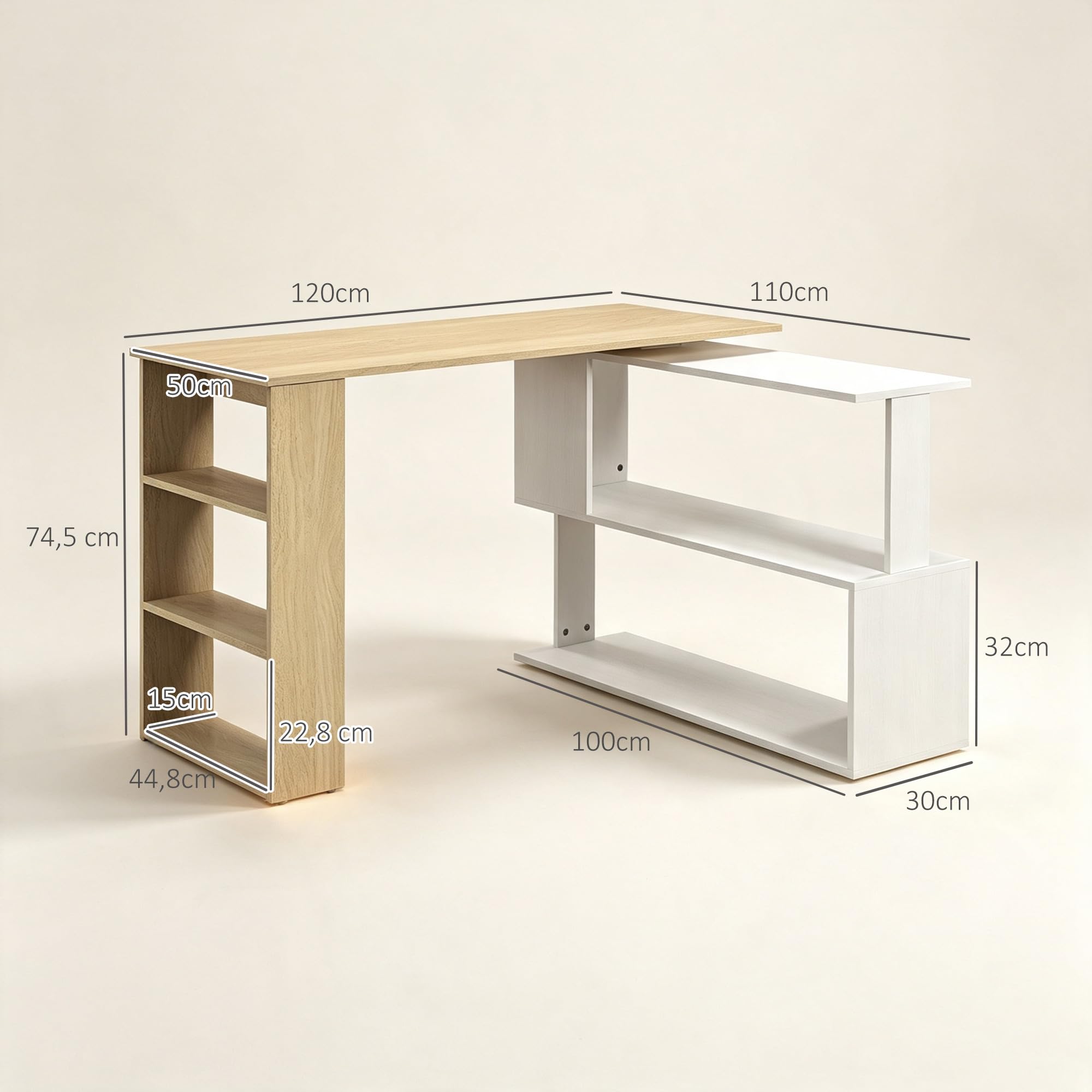 HOMCOM Escritorio Esquinero Giratorio en L 120x110 cm Natural y Blanco | Mesa de Escritorio con Estantes, para Oficina en Casa, Estudio, Hogar