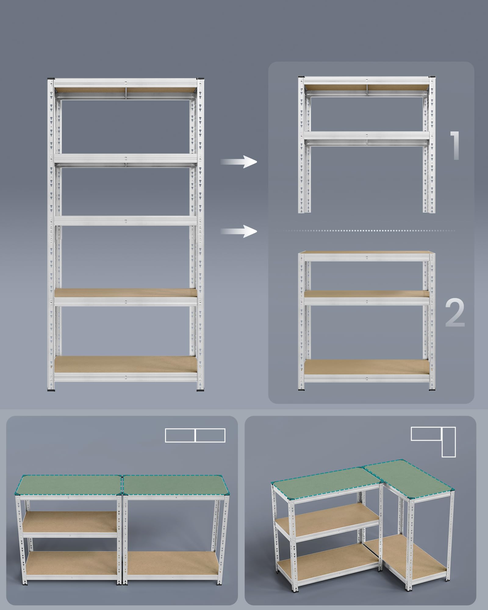 SONGMICS Estantería para Cargas Pesadas, Juego de 2, Estantería de Garaje, 30 x 75 x 150 cm, Carga hasta 875 kg, Fácil Montaje, Estantes Ajustables, Plata GLR451E01