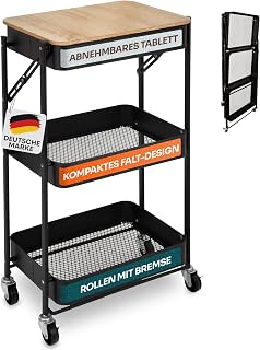 Gardissimo Rollwagen Plate Klappbar, Küchenwagen 3 Ebenen, Schwarz | Abnehmbares Tablett, Metall Regal auf Rollen, Mit Griff, Pulverbeschichteter Stahl, Für Küche, Badezimmer, Schlafzimmer, Büro
