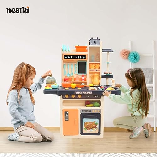 Miniatura 4 de Juego de cocina de lujo para niños, juego de cocina de juguete de 65 piezas con grifo funcional, efectos de vapor realistas, luces y sonidos, y una