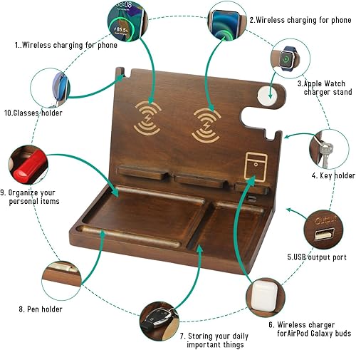 Miniatura 11 de Estación de carga de mesita de noche, soporte de carga inalámbrica de carga rápida de 27 W para iPhone/iWatch/Airpod/Samsung, estación de 8801,nogal