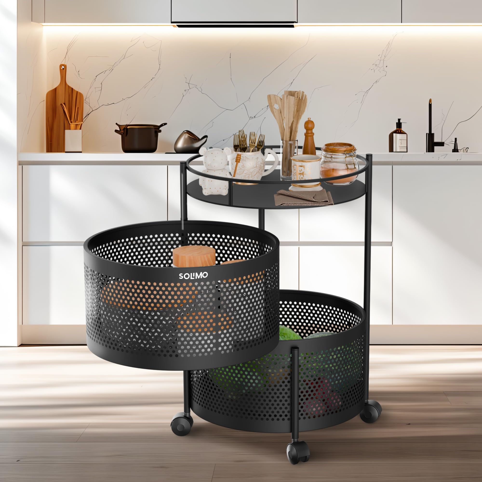 Amazon Brand - Solimo Storage Rack | 2-Layer Revolving Vegetable Kitchen Rack | Round Multipurpose Storage Trolley with Wheels | Metal Fruit Storage Rack | Kitchen Cabinet Spice Rack | Black