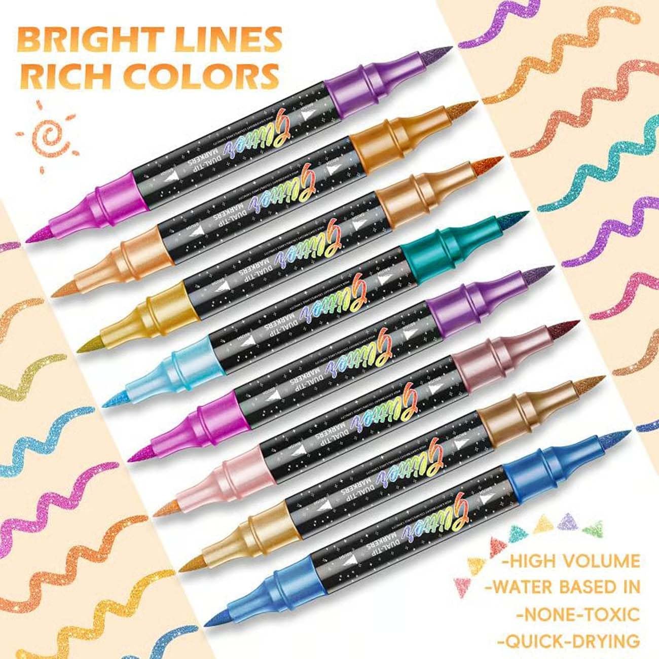Glitter Effect Brush Markers, Create Sparkling Art Smoothly, Dual Tip Metallic Shimmer Pens Set, for Coloring, Journals, Planners, Scrapbooking & Card Making (48 colors)