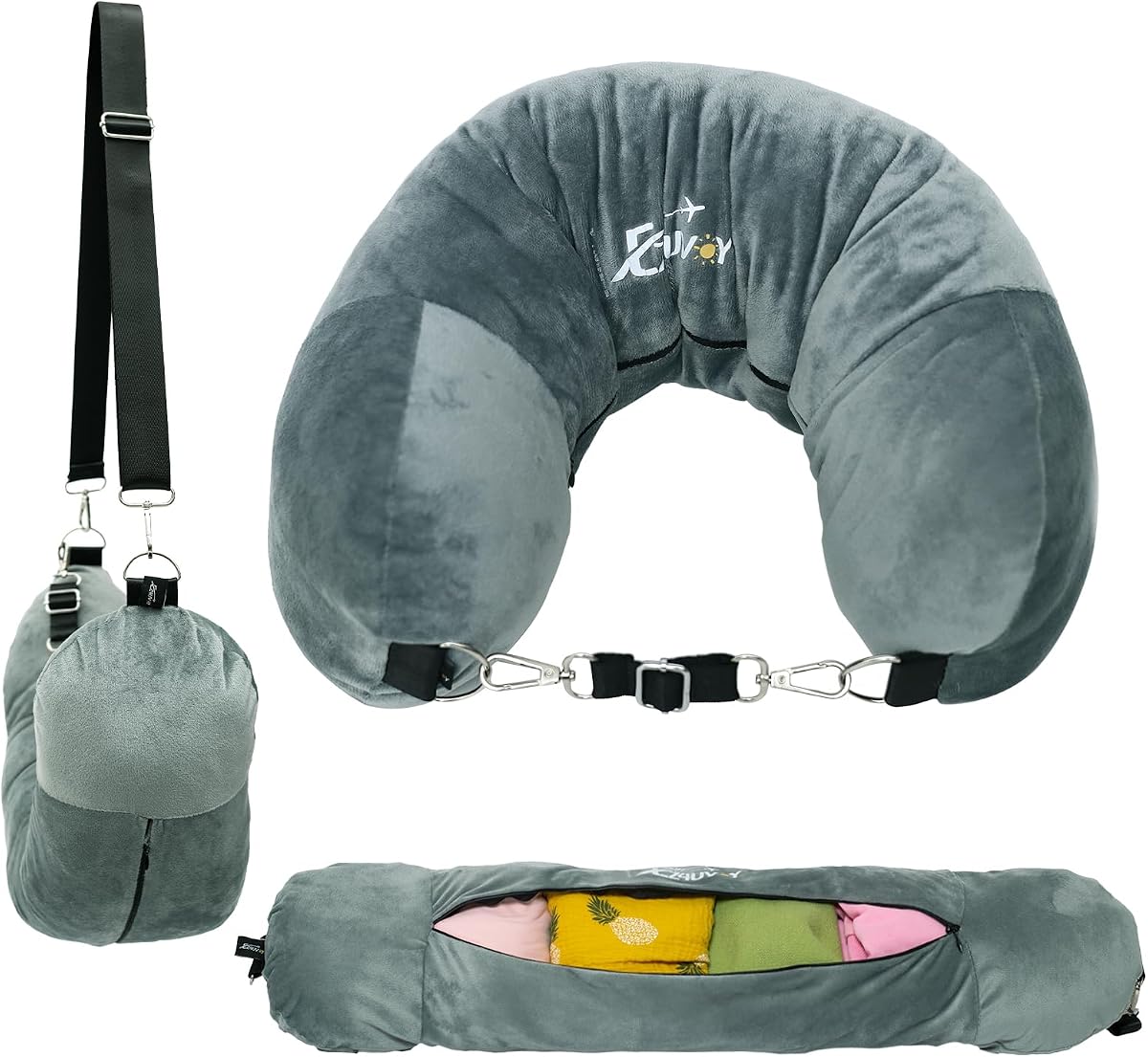 Travel Neck Pillow Stuffable with Clothes, Stuffable Travel Pillow | Fillable Storage Bag for Airplane Travel, Soft Velvet Pillowcase Cover for Extra Luggage, Packable Clothing Bag, No Filler