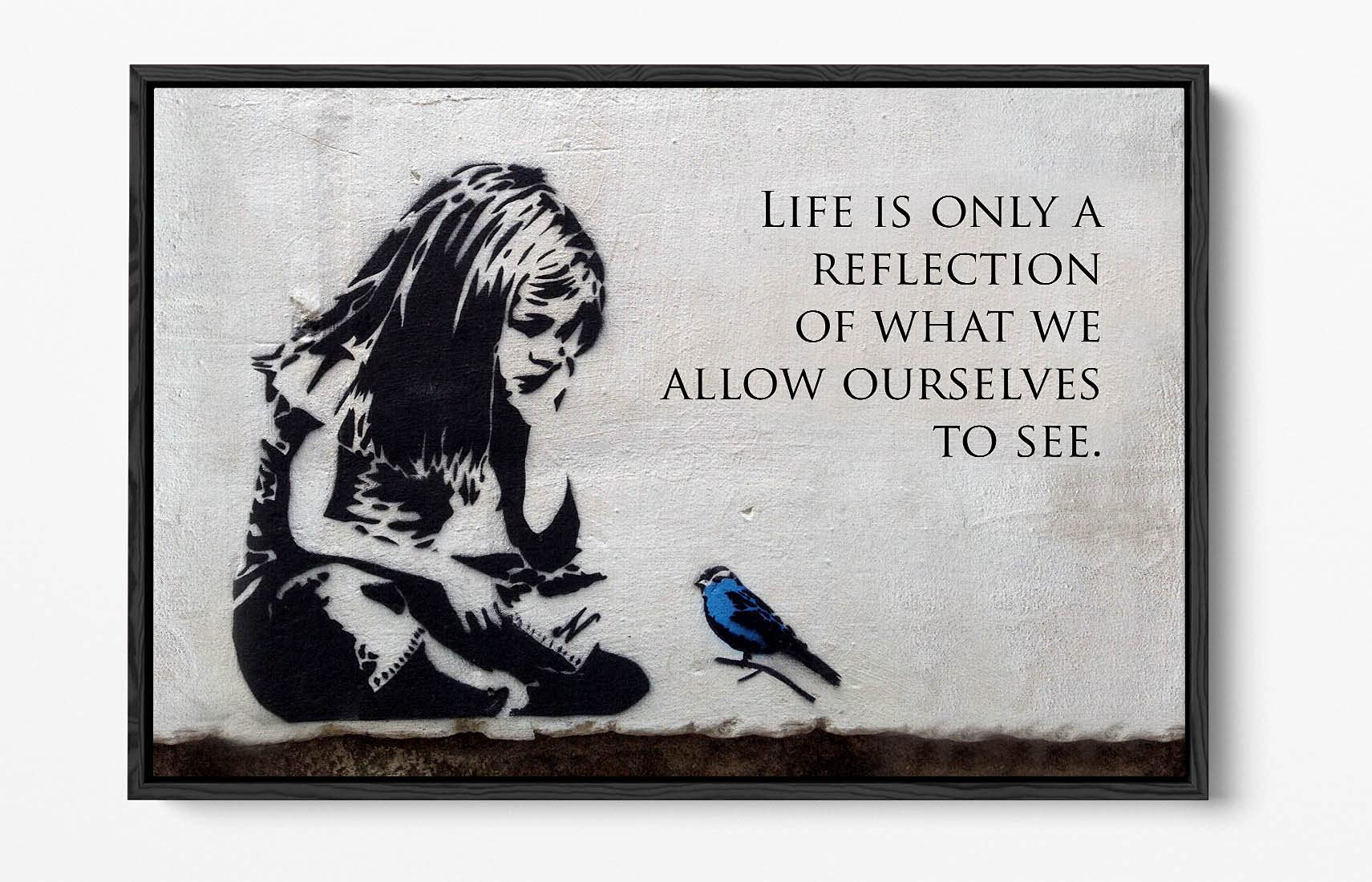 Canvasartshop Girls Black Banksy Blue Bird Quote- Float Effect Framed Canvas Wall Art Picture Print (, 36X24)