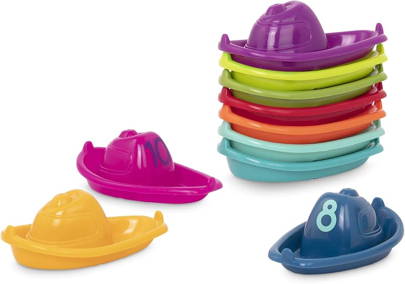 Battat Stackin' Boats Juguetes de baño, juego de 10 botes flotantes numerados, niño pequeño | 10 botes de juguete arcoíris apilables que flotan, se conectan, se recogen y se vierten para jugar en el baño, la pileta o la playa, a partir de 6 meses