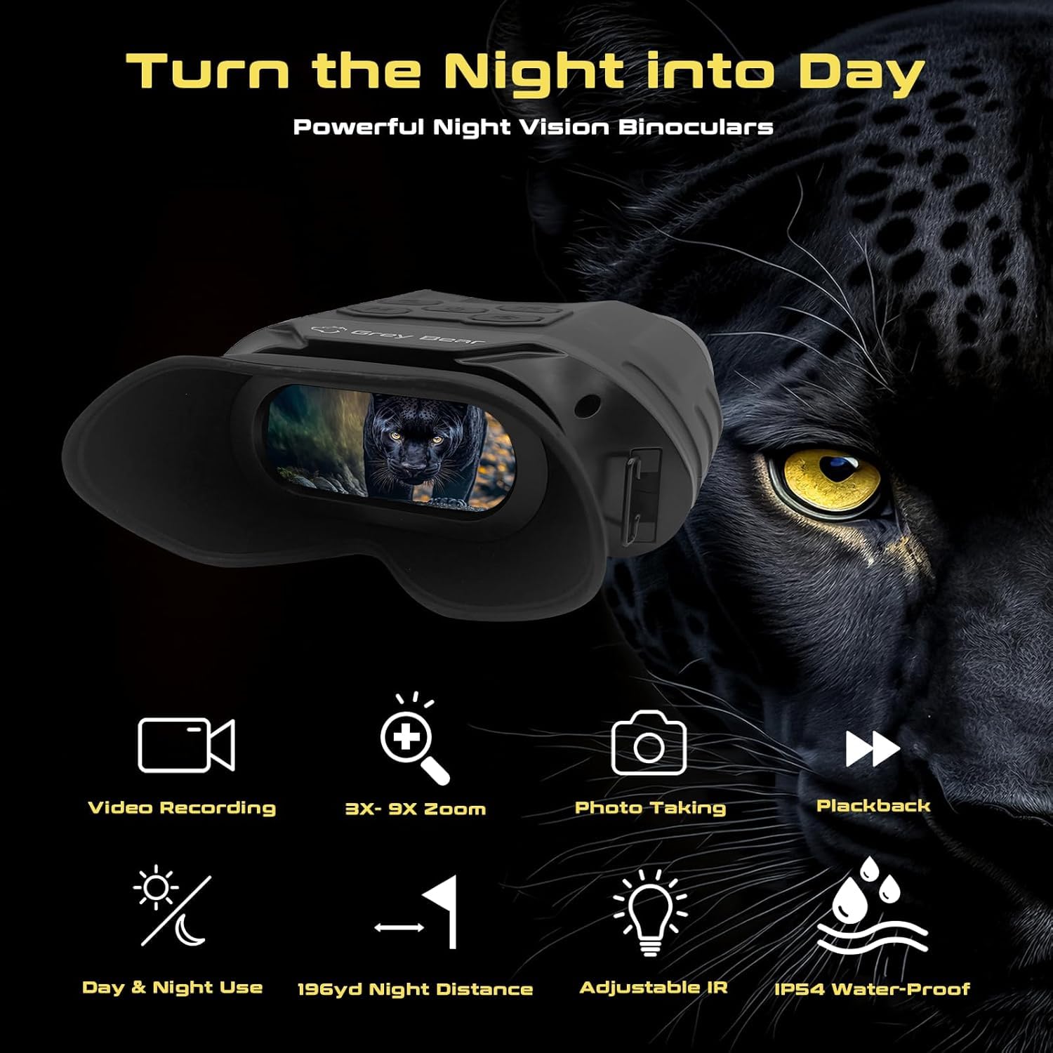 Grey Bear Visión Nocturna Estrella I Binocular Infrarrojo I Visión Nocturna 180M I 9X Ampliación I Pantalla panorámica digital I Función de Foto y Video