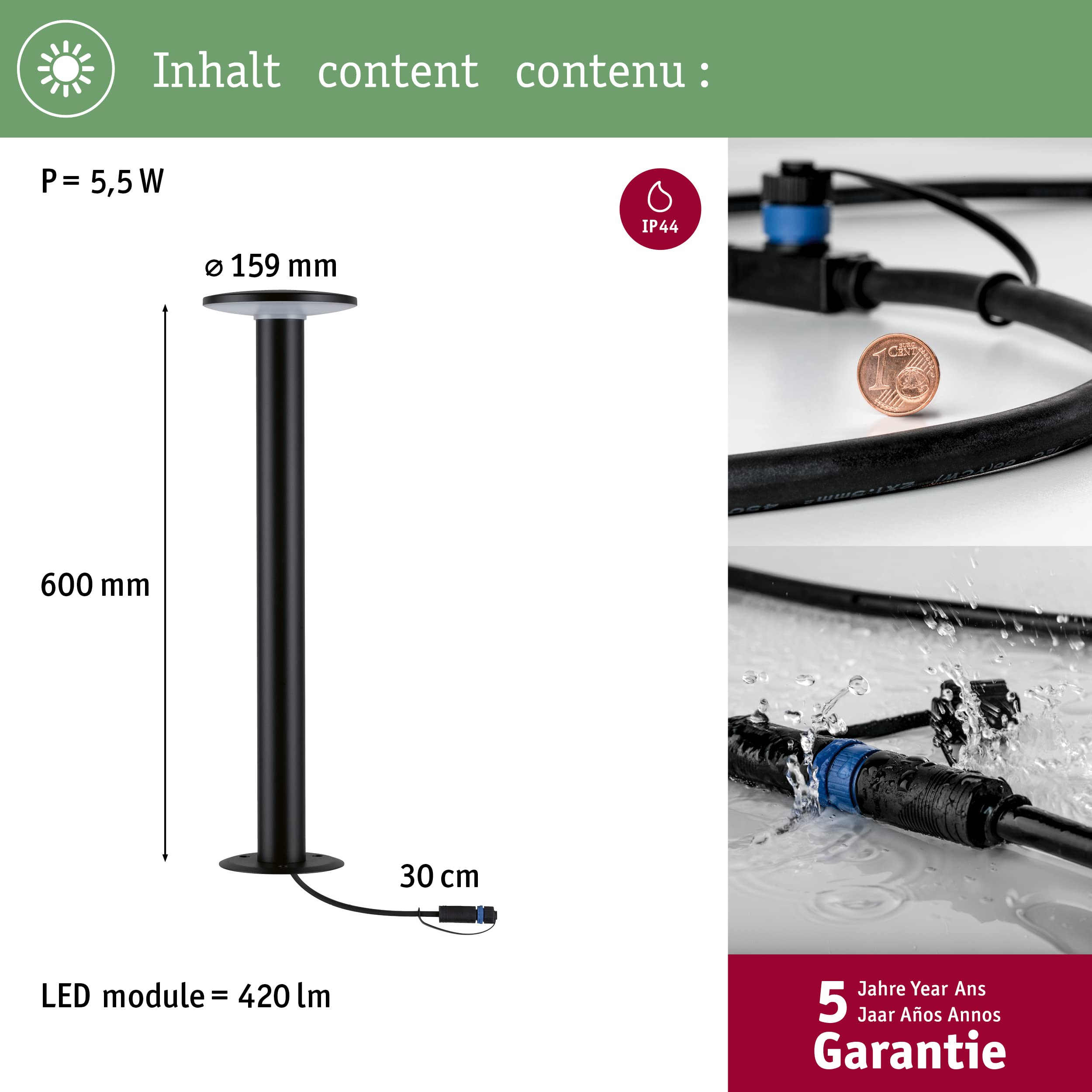 Paulmann 94750 Plug & Shine Borne lumineuse LED Plate IP44 5W 200lm gradable 600 mm Anthracite métal/plastique RGBW+ 3000-6500K résistant eau de mer