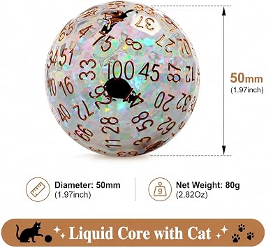 DNDND 50mm Liquid Core D100 Dice with Embedded Cat Pattern Globe, Crystal Clear Quicksand 100 Sided, Big Resin Percentile Dice with Built-in Kitten Graphics, Unique Gift for Cat Lover D&D Gamer
