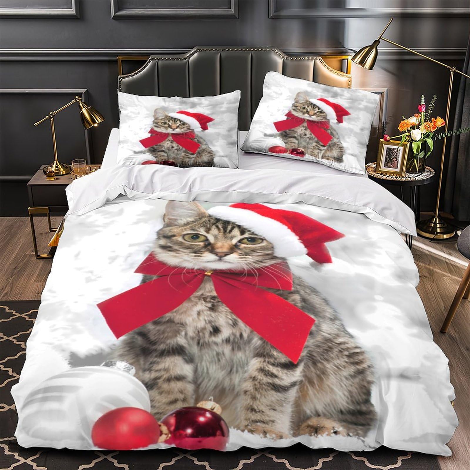 Stampa 3D Christmas cat Copertura per letto Microfibra Biancheria per letto Con federa Traspirante furry festive decor Fodera copriletto Leggero per giovani coppie coinquilini Super king（260x220cm）