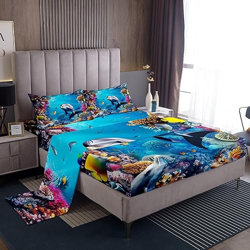 Erosebridal Juego de sábanas de ballena tamaño matrimonial, sábanas 3D de peces de tortuga marina coloridas, sábana bajera ajustable de arrecife de