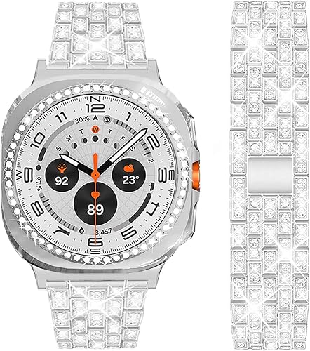 Vista 189 de Correas compatibles con Samsung Galaxy Watch FE / 5/4 de 1.575 pulgadas, correa de metal con diamantes de imitación brillantes de 0.787 pulgadas