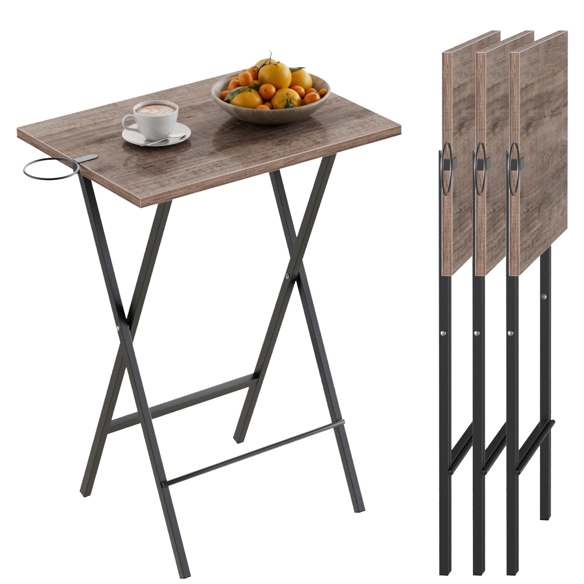 VECELO Folding TV Tray for Eating Set of 4, Portable Dinner/Snack Table with Cup Holder for Couch, Living Room and Small Space, Coffee &amp; Black
