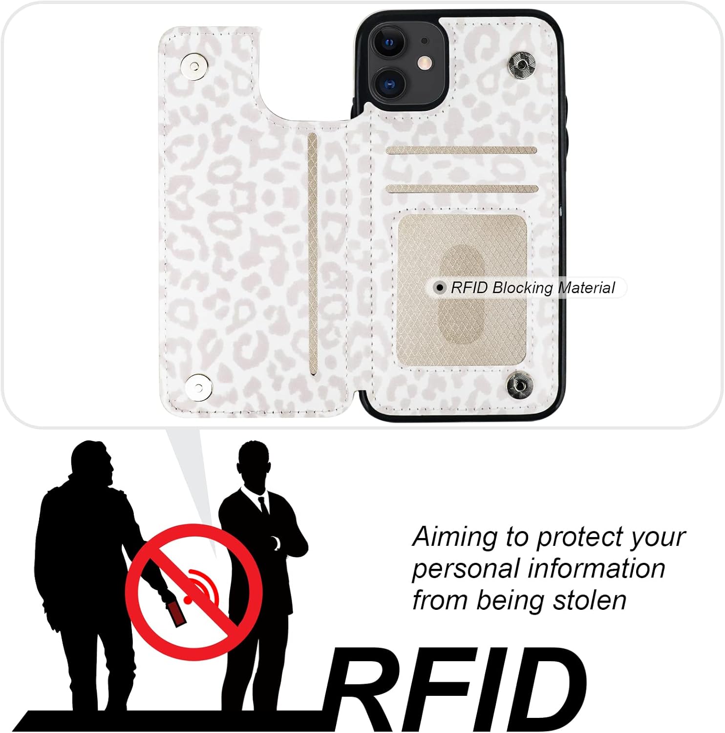 HAOPINSH for iPhone 11 Wallet Case with Card Holder, White Leopard Cheetah Pattern Back Flip Folio PU Leather Kickstand Card Slots Case for Women Girls, Double Magnetic Clasp Shockproof Cover 6.1" - Image 4