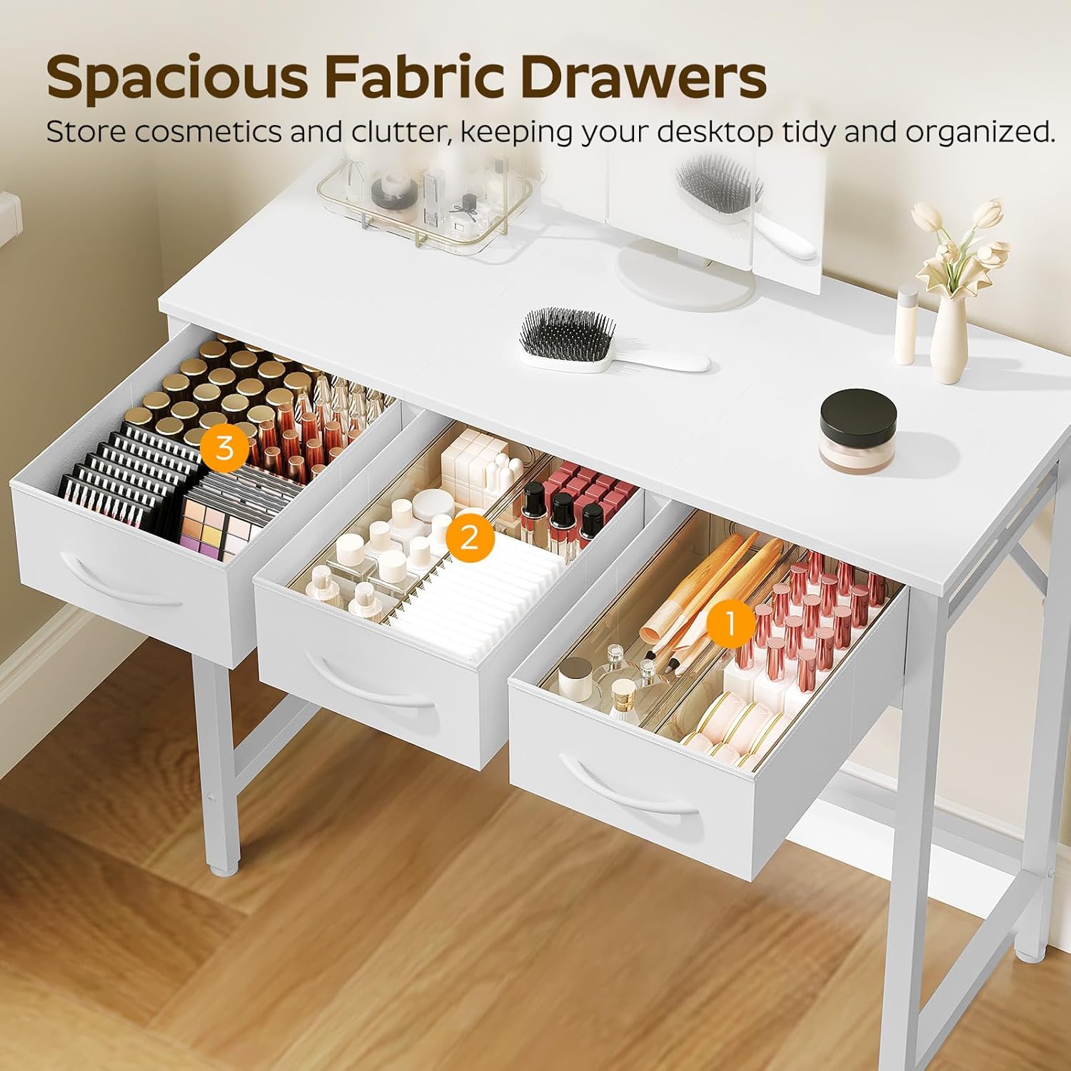 Makeup Vanity Desk with Mirror and Lights, Vanity Table with 3 Fabric Drawers Storage Desk for Bedroom, Make Up Dressing Table with Folding Mirror, for Small Spaces, White