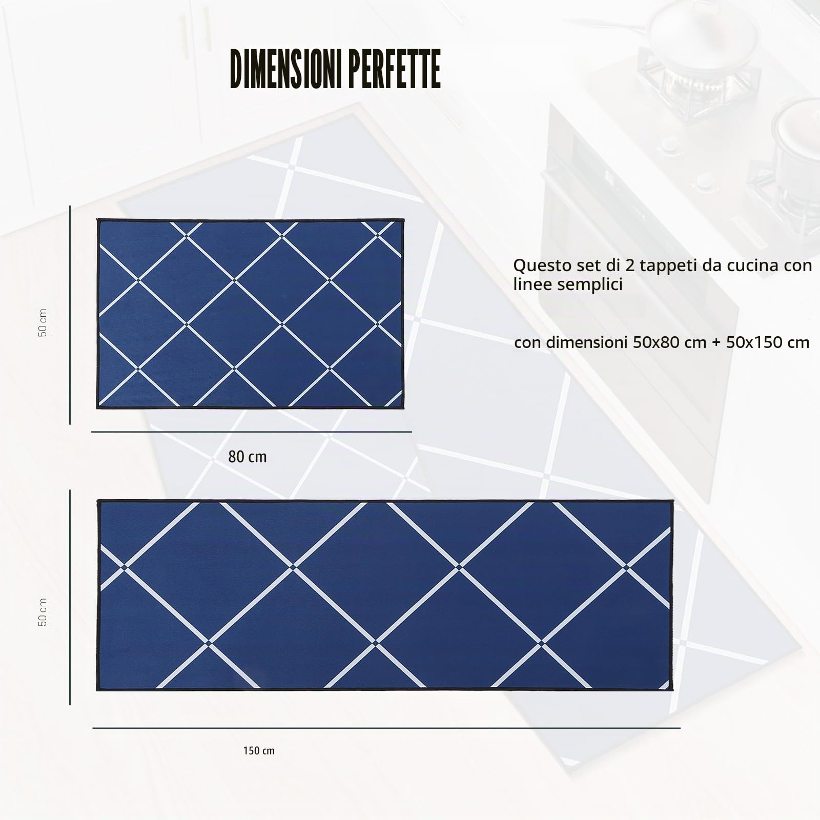 Set di 2 Tappeti da Cucina, Tappetini da Cucina Lavabili, Runner Antiscivolo, Tappetino Assorbente per Ingresso e Decorazione Domestica Ufficio, 50x80+50x150cm, Blu