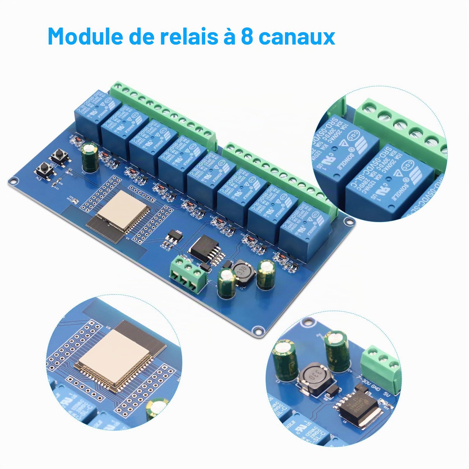 ESP Module relais 8 canaux – WiFi Bluetooth BLE avec carte de développement ESP, alimentation DC5-30 V pour Arduino IDE (LC Relay-ESP-8R-D5)