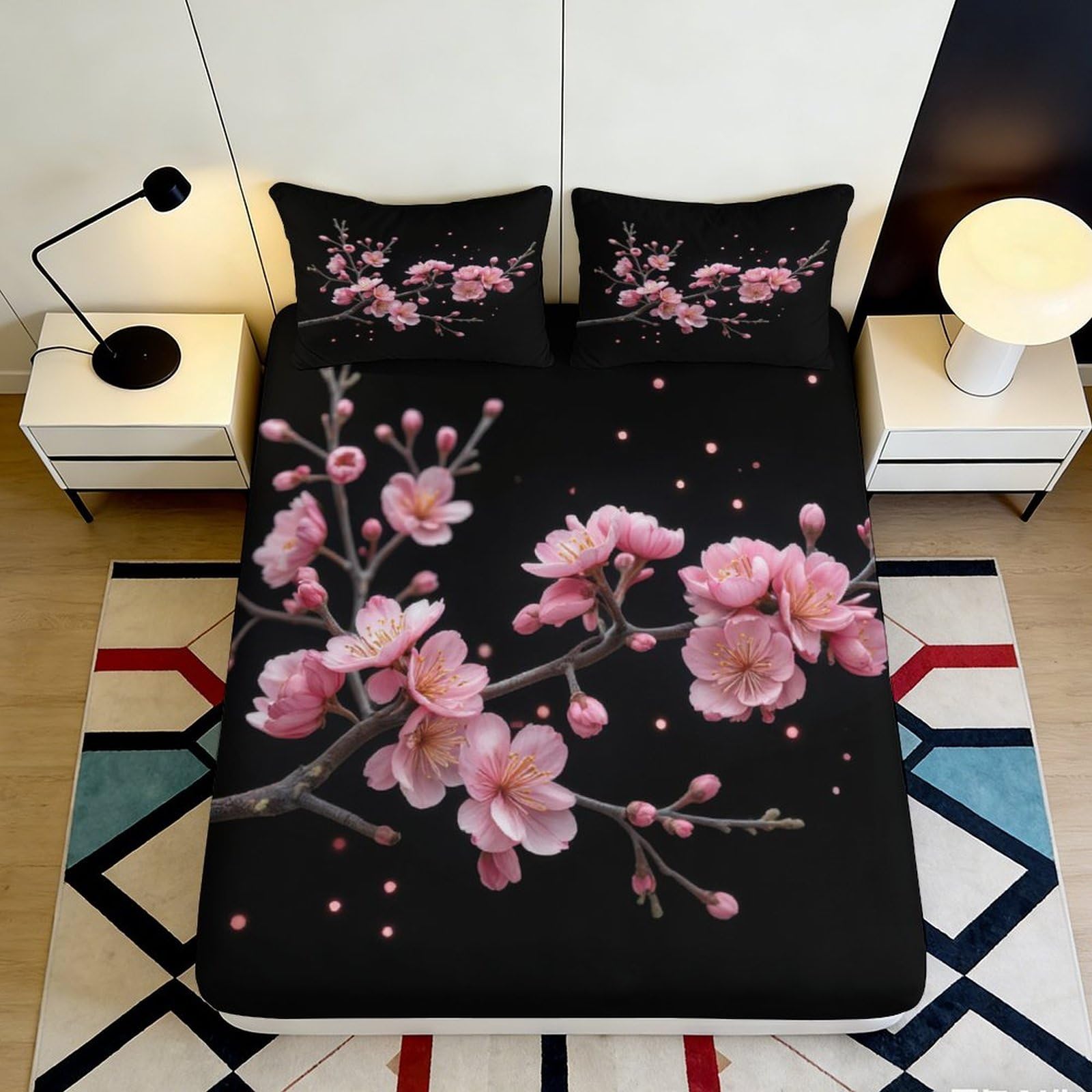 Kzqjxnhpcr Style-9 3D Printed Sakura Fitted Sheet Microfiber Deep Pocket Non-Slip Bedroom Bedding Sakura Mattress Fitted Cover Washable 90X200x25cm 90X200x25cm