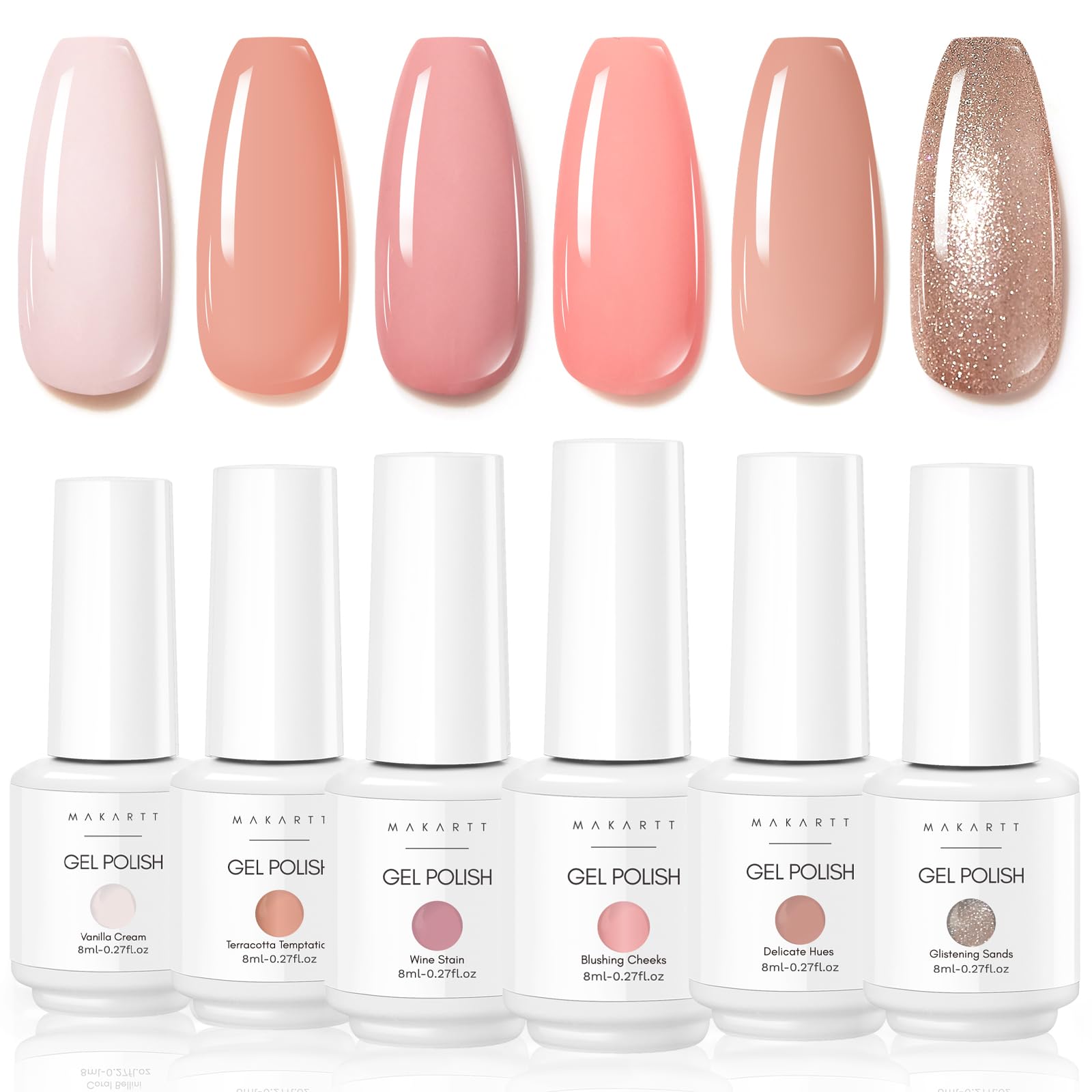 MakarttGel Polish Set, Skin Tones Nude Gillter Pink Brown Neutral, 6 PCS 8ML, Soak Off UV LED Lamp Required, All Seasons Colored Gels Kit Manicure DIY Home Salon