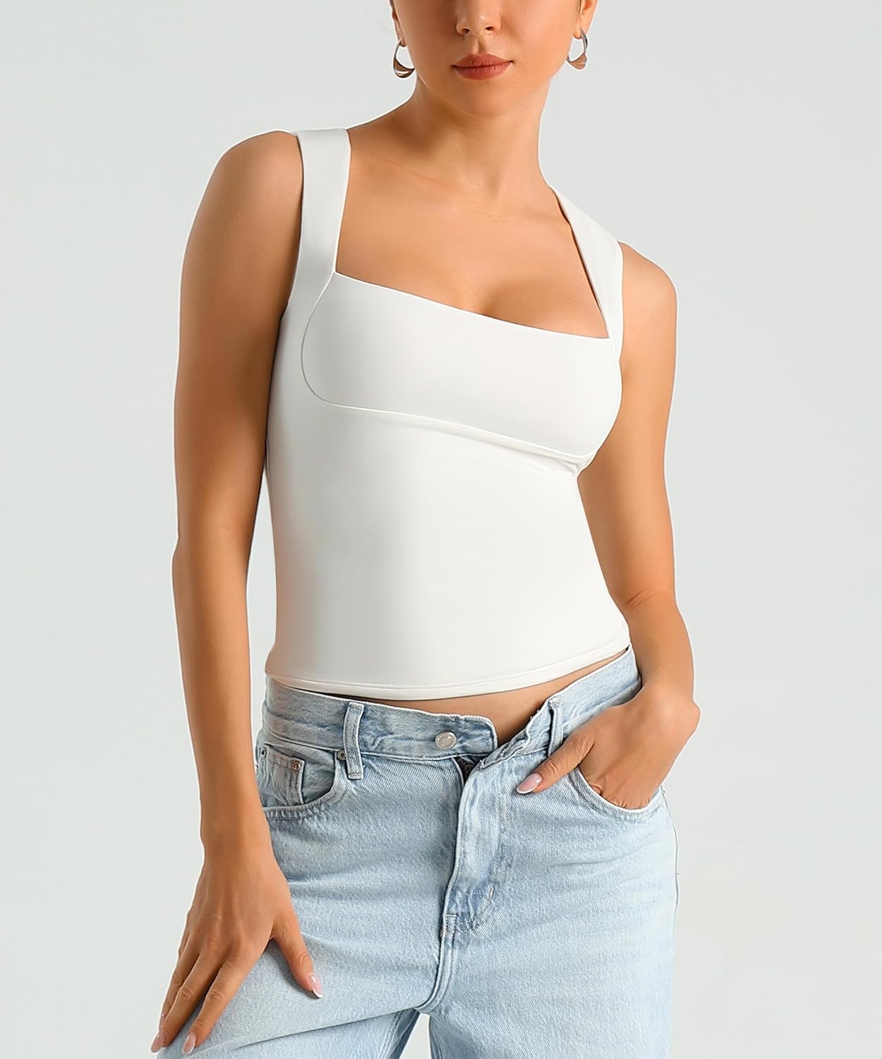 HOYAYO Women's Slim Fit Double-Layer Tank Top Square Neck Sleeveless Basic Fitted Tee Shirt - Image 7