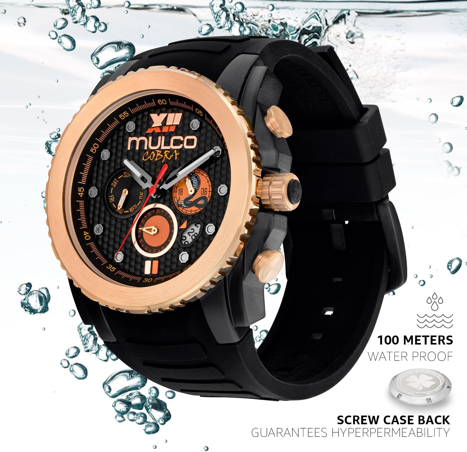 MULCO Watches for Men - Cobra, Stainless Steel Case with White Wrist Silicone Band, Quartz Multifunctional Movement, Large Face Premium Analog Display, 100m Water Resistant - Waterproof